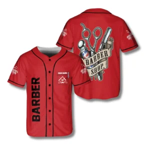 Barber Baseball Jersey for Men – Custom Name Barbershop Red Jersey Shirt
