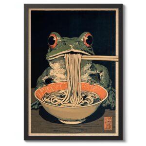 Funny Frog Eating Ramen Wall Art Poster – Japanese Ramen Frog Illustration Print for Kitchen Decor and Food Lovers