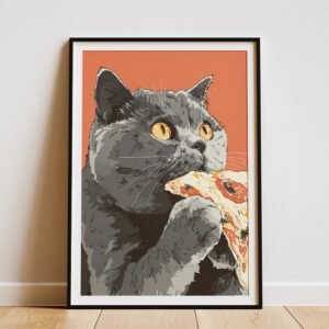 Funny Pizza Cat Wall Art Poster – Cute Cat Eating Pizza Canvas Print for Kitchen Decor and Cat Lovers Gift