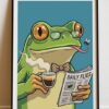 Funny Frog Reading Newspaper Wall Art Poster – Quirky Frog Coffee Illustration Print for Office, Café and Animal Lovers Decor