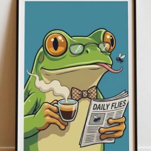 Funny Frog Reading Newspaper Wall Art Poster – Quirky Frog Coffee Illustration Print for Office, Café and Animal Lovers Decor